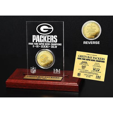 Green Bay Packers 4-Time Champions 24KT Gold Coin Engraved Acrylic Desk Top