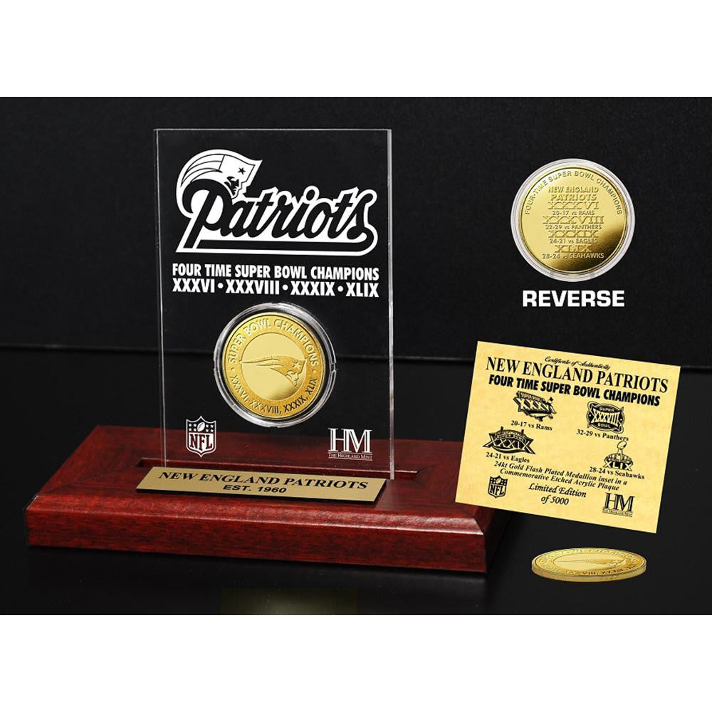 New England Patriots 4-time Super Bowl Champions Gold Coin Etched Acrylic