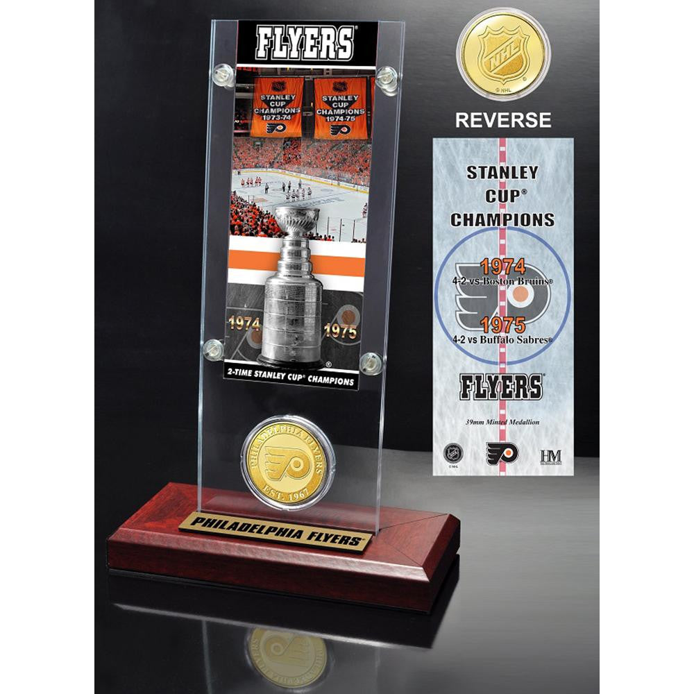 Philadelphia Flyers 2x Stanley Cup Champions Ticket and Bronze Coin Acrylic Display