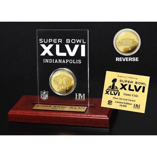 Super Bowl XLVI 24KT Gold Flip Coin Desk Top Acrylic