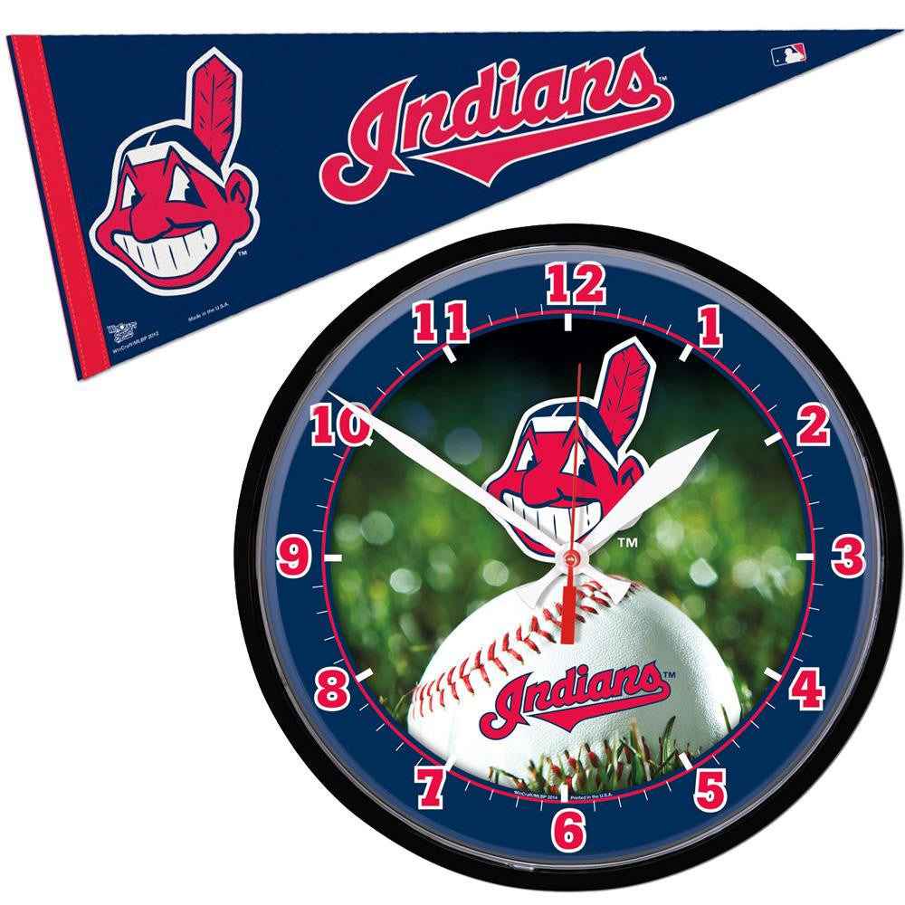 Cleveland Indians MLB Round Wall Clock and Pennant Gift Set