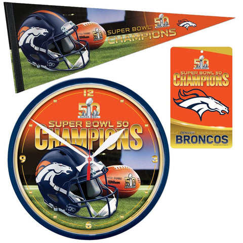 "Denver Broncos NFL Super Bowl 50 Clock, Pennant and Wall Sign Gift Set"